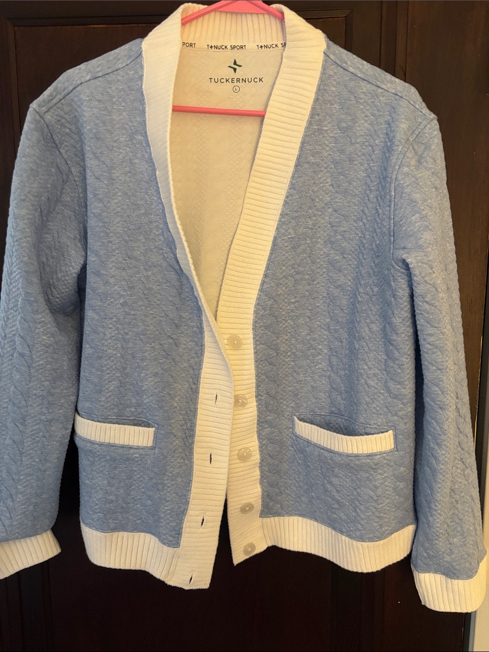 Tuckernuck Light Blue Quilted Cotton Cardigan with Cream Trim
